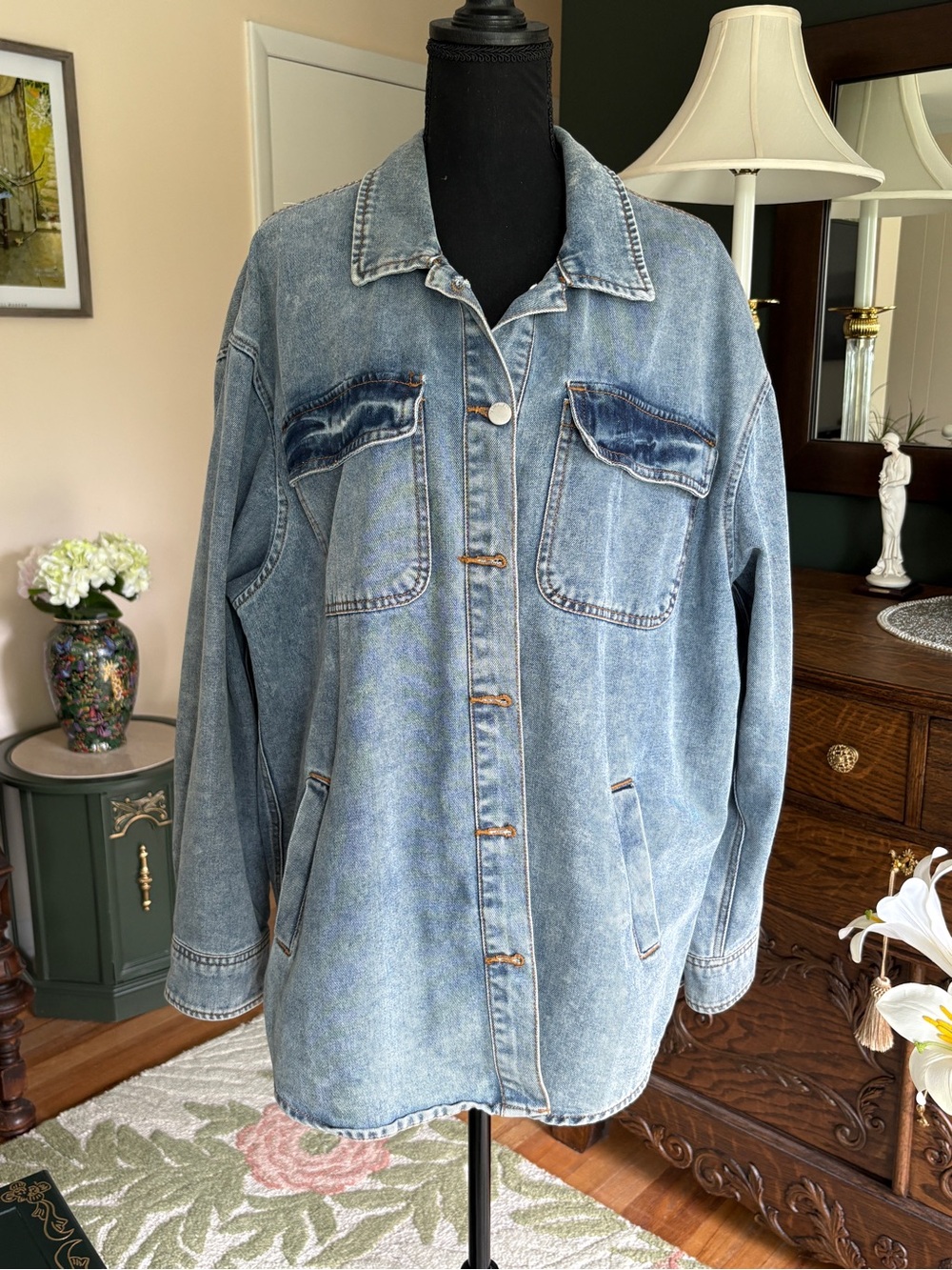 26 International Oversized Washed Blue Denim Jacket with Front Pockets